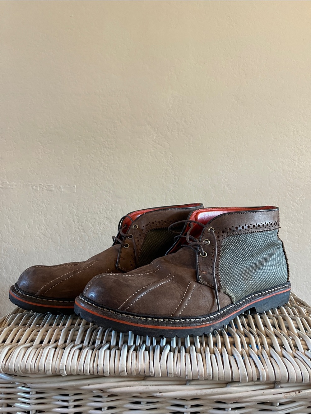 Allen Edmonds Brown Leather Chukka Boots with Green Canvas Panels